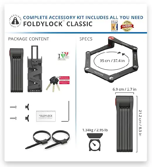 FoldyLock Classic Folding Bike Lock - Patented Sleek High Security Bicycle Lock - Heavy Duty Anti Theft Smart Secure Guard with Keys and Frame Mount for Electric e-Bikes and City Bikes - 95cm